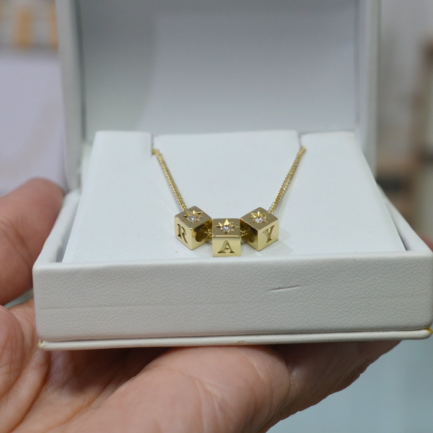 Diamond Solitaire Name Necklace in 14k Solid Gold geometric diamond gold necklace - AlmaJewelryShop Online boutique for gold and silver jewelry